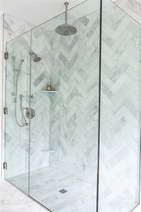 Large Marble Herringbone Pattern Shower Wall Tiles Transitional