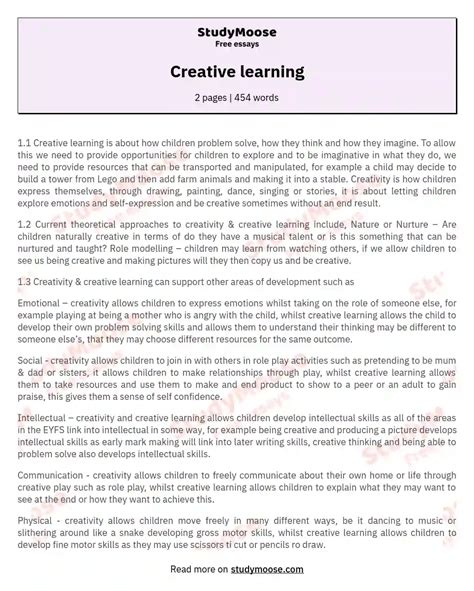Creative Learning Free Essay Example