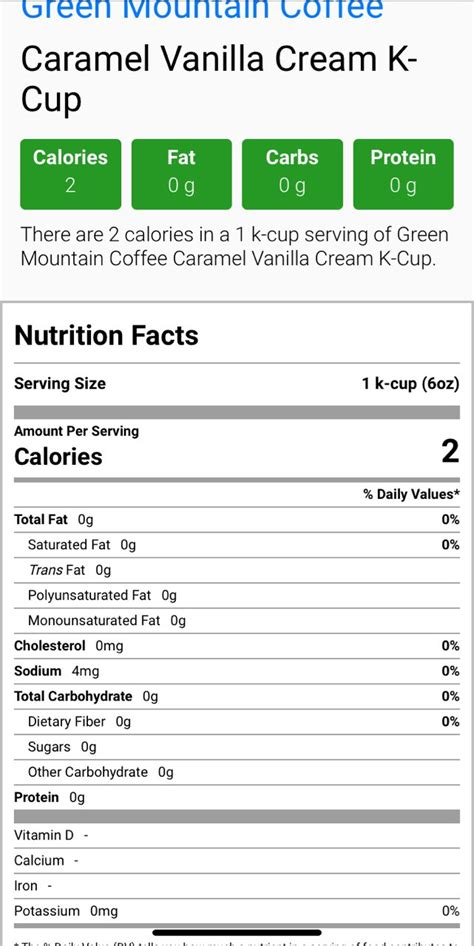 Green Mountain Coffee Caramel Vanilla Cream Coffee Calories Nutrition
