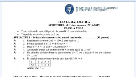 Clasa A 8 A Teza La Matematica Semestrul Al Ii Lea An Scolar 2018