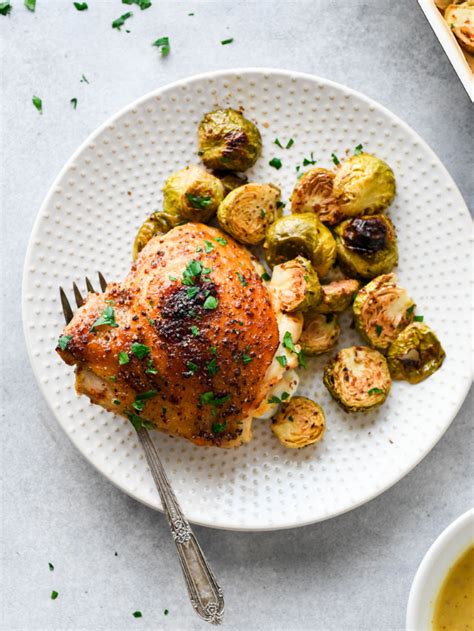 Oven Baked Honey Mustard Chicken Thighs And Brussels Sprouts Gluten
