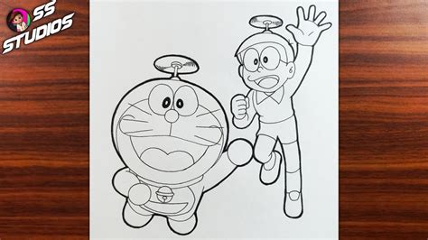 How To Draw Doraemon And Nobita Flying With Bamboo Copter Youtube