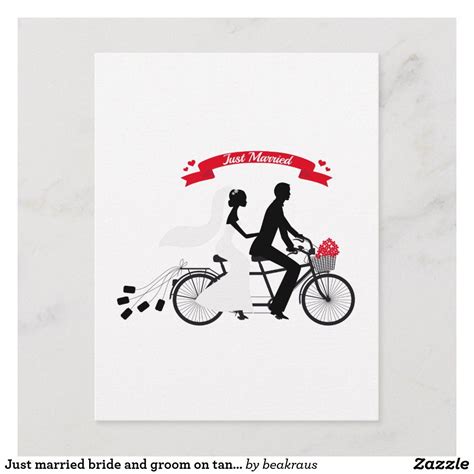 just married bride and groom on tandem bicycle announcement postcard