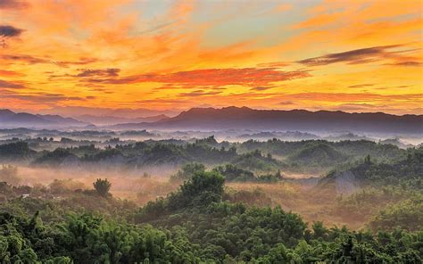 Sunset In Taiwan Hills Forest Taiwan Sunset Mist Hd Wallpaper