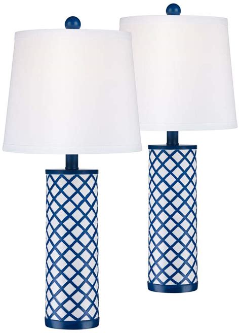 Buy Gisele Modern Coastal Table Lamps Set Of 2 Blue Lattice Pattern