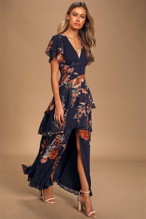 Midnight Mood Navy Blue Floral Print Tiered Maxi Dress Tiered Maxi Dress Maxi Dress Navy