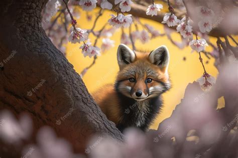 Premium Photo Close Look Of Baby Fox Under Cherry Blossom Tree