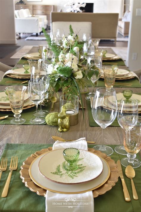 A few tips when setting the table… use two glasses. Green and Gold Easter Table Setting - Home with Holliday