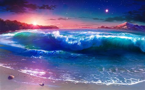 Beautiful Animated Wallpapers ~ Sunset Darkening Sandy Beach Sea Waves