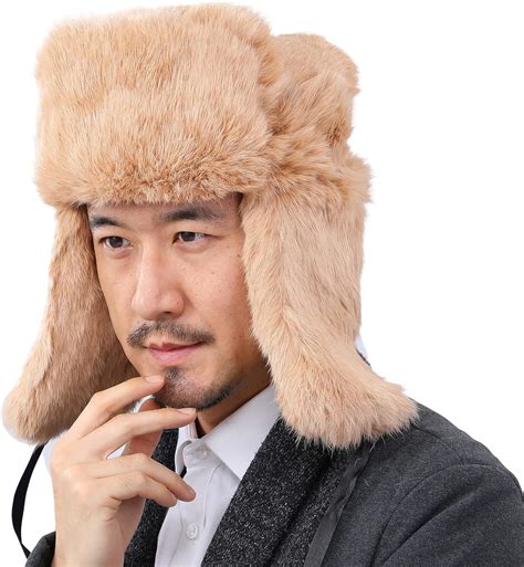 Men Tilepnic Rabbit Fur Russian Ushanka Hats Mens Fur Hat Earflap