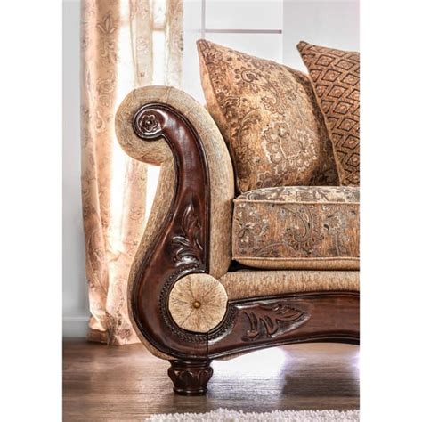 Furniture Of America Traditional Tan Chenille Wood Trim Sofa