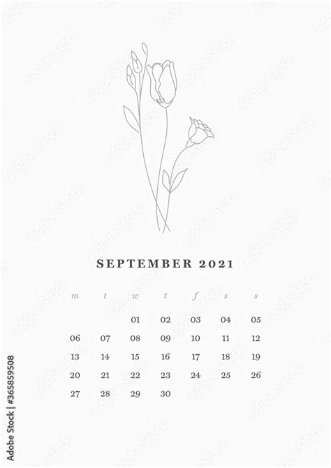 09 Of 13 September Month Flowers Line Art Calendar 2021 Year Floral