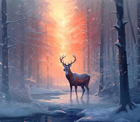 Premium Photo Painting Of A Deer In A Snowy Forest With A Stream