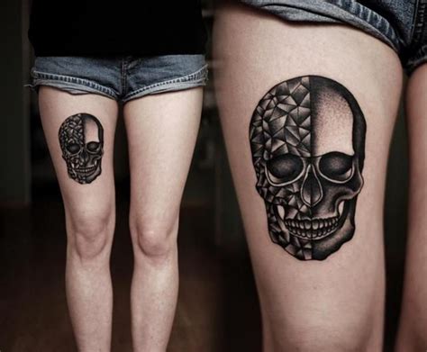 Skull Dotwork Thigh Tattoo By Kamil Czapiga Skull Thigh Tattoos