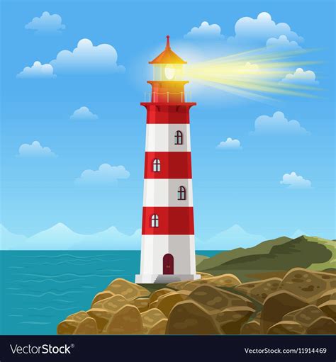 Lighthouse On Ocean Or Sea Beach Cartoon Background Vector Illustration