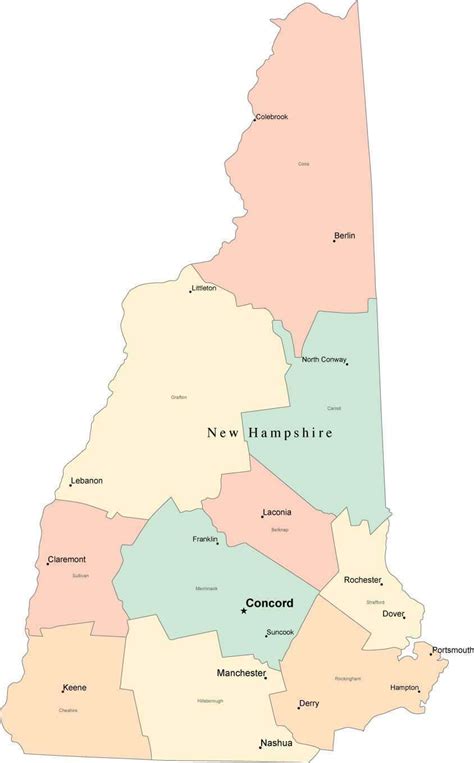 Multi Color New Hampshire Map With Counties Capitals And Major Citie