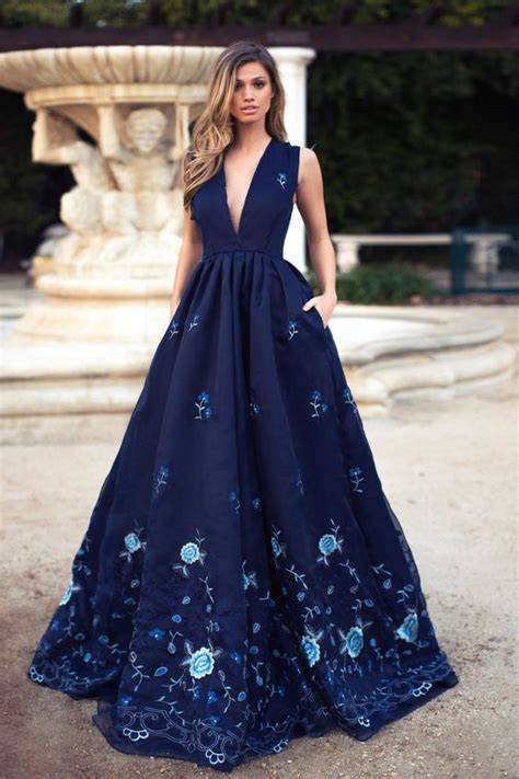 A Line Deep V Neck Navy Blue Long Prom Dress With Appliques Pockets