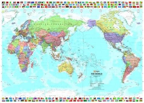 World And Flags Political Pacific Centred Laminated Wall Map