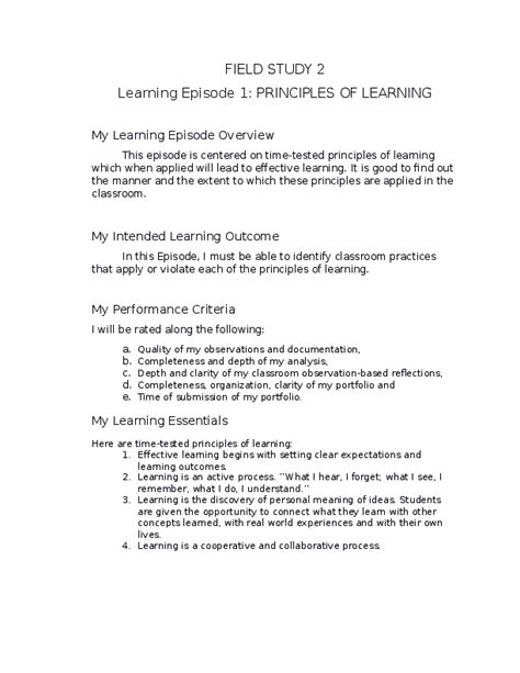 Doc Field Study 2 Learning Episode 1 Principles Of Learning My