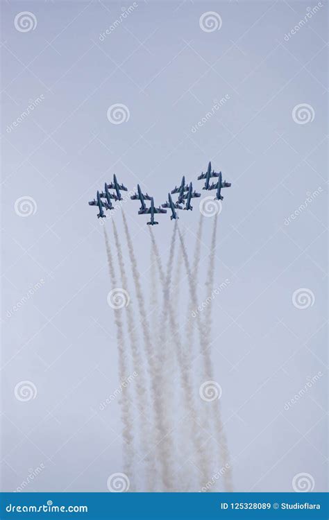 A Group Of Aircrafts Flies During Air Show Editorial Stock Image