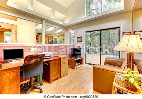 Home Office Interior With Large Windows Large Home Office Interior