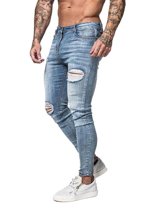 Skinny Jeans For Men Faded Blue Ripped Distressed Stretch Hip Hop Slim