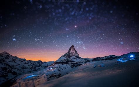 Snow Landscape Mountain Night Stars Tilt Shift Matterhorn