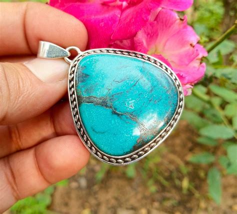 Natural Turquoise Pendant 925 Sterling Silver Large Turquoise Silver