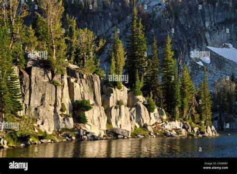 Granite Cliffs At Sunset Mirror Lake Wallowa Mountains Oregon Stock