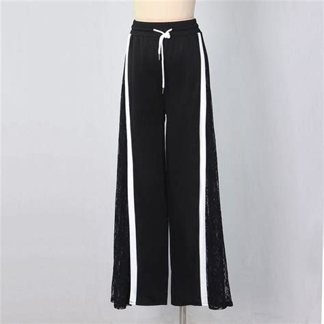 Fashion Lace Spliced Wide Leg Pants Europe And American Style Women Color Hit Panelled