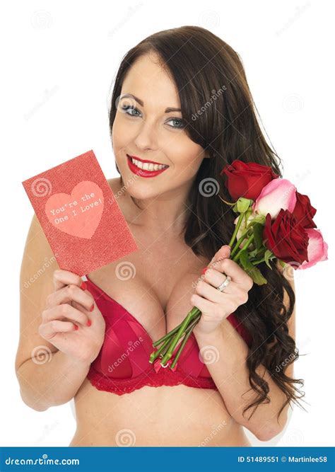 Young Woman Wearing Red Lingerie And Holding Red Roses Stock Image Image Of Adult Female