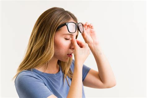 Stressed Woman Rubbing Her Tired Eyes Stock Image Image Of