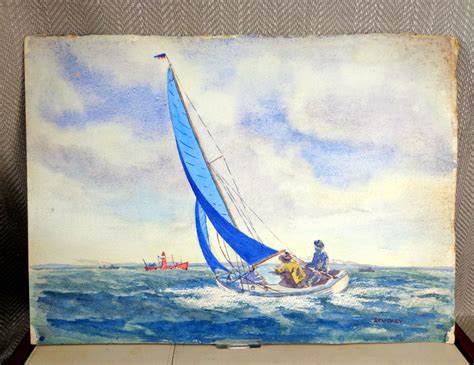 Original Signed Watercolor Painting Sailing Nautical Boat Ship Picture