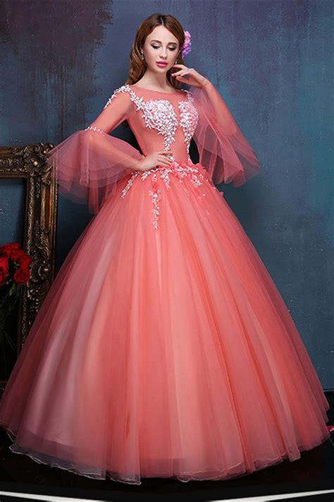 Ball Gown Illusion Neckline Flare Sleeve Coral Tulle