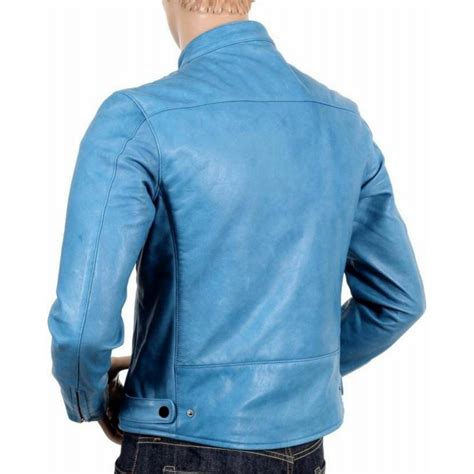 New Mens Dodge Mens Sky Blue Motorcycle Style Leather Jacket