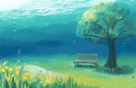 Wallpaper Anime Landscape Underwater Tree Grass