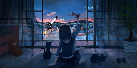 Airplane Sky Anime Girls Original Characters Night Dark Hair Short Hair Clouds Cats