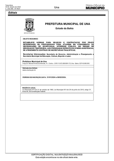 Prefeitura De Una Publica Edital De Processo Seletivo 2024 Confira Una News
