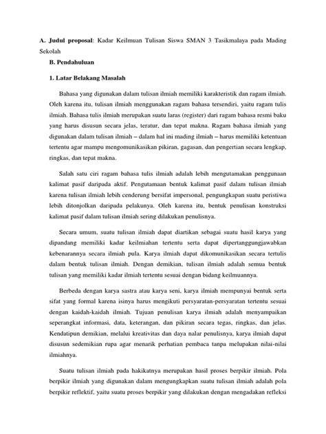 Contoh project proposal pembangunan ruang kelas baru dan ruang perlengkapan lainnya sekolah menengah pertama islam terpadu nama sekolah yayasan nama yayasan alamat yayasan telpon telp yayasan kota, tanggal bulan. Download Contoh Tugas Tentang Proposal Yang Berjudul Kadar ...