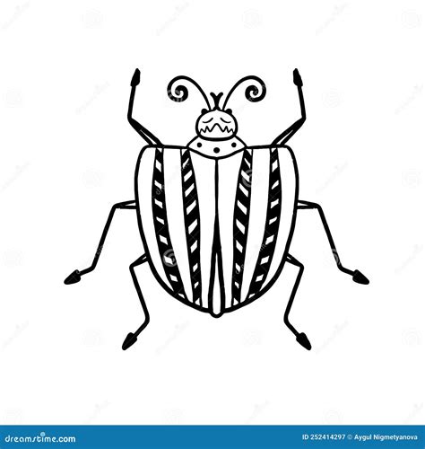Black Beetle In Doodle Style Bug With Stripes On Its Back Top View