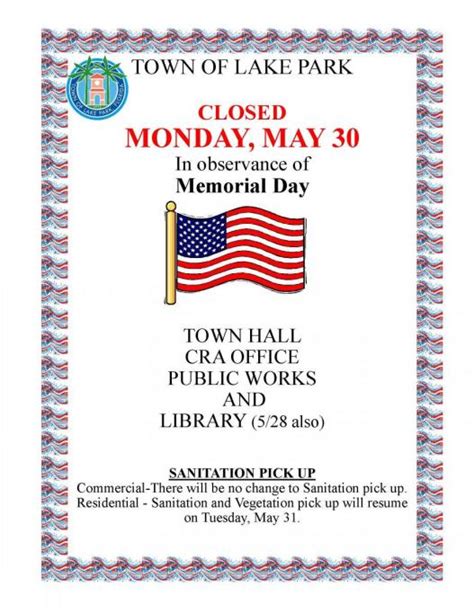 Offices Closed Memorial Day Town Of Lake Park Cra