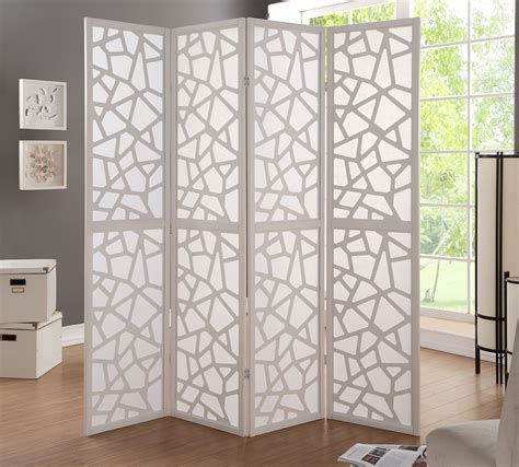 Wood And Fabric 4 Panel Screen Room Divider With Cut Out Design White