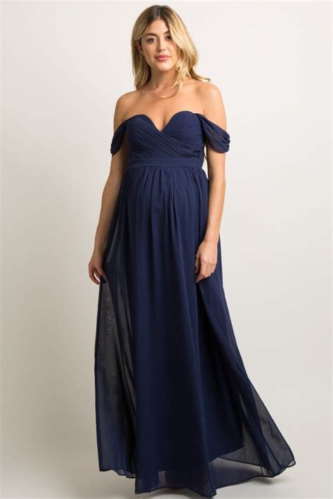 Navy Chiffon Pleated Off Shoulder Maternity Evening Gown Maternity