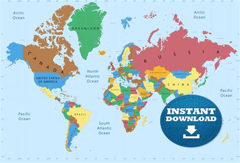Digital Modern World Map Printable Download Weltkarte Etsy