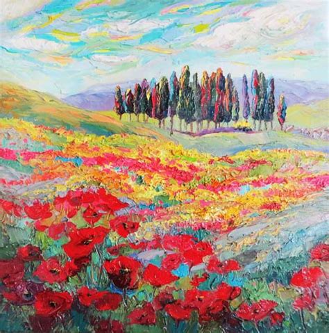 New “tuscan Dreams” Palette Knife Poppy Painting By Contemporary