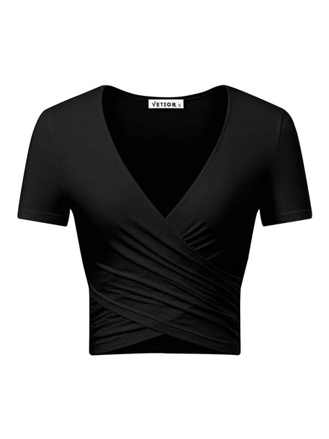 Women S Deep V Neck Short Sleeve Unique Slim Fit Cross Wrap Shirts Crop