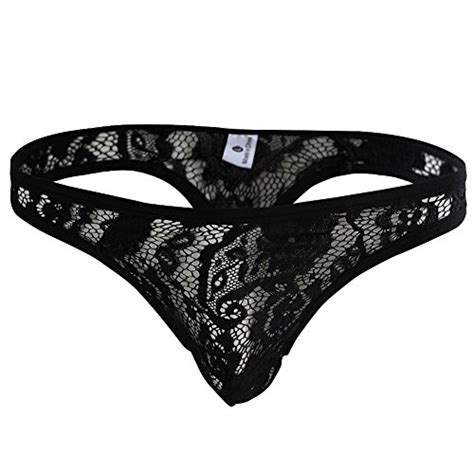 Alvivi Mens Floral Lace Lingerie Underwear Semi See Through Bikini Thongs Underwear Black M