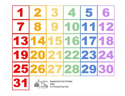 Numbers For Calendars 1 31 Toddlers Free Calendar Template