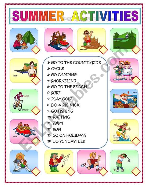 Summer Activities Matching Esl Worksheet By Sandytita