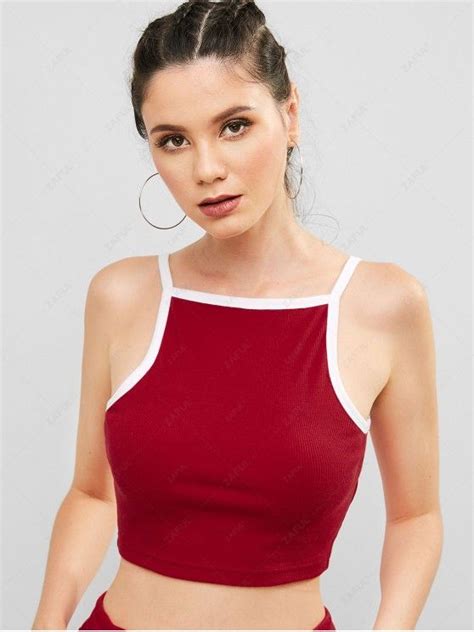 7 Off 2021 Zaful Knitted Contrast Crop Ringer Cami Top In Red